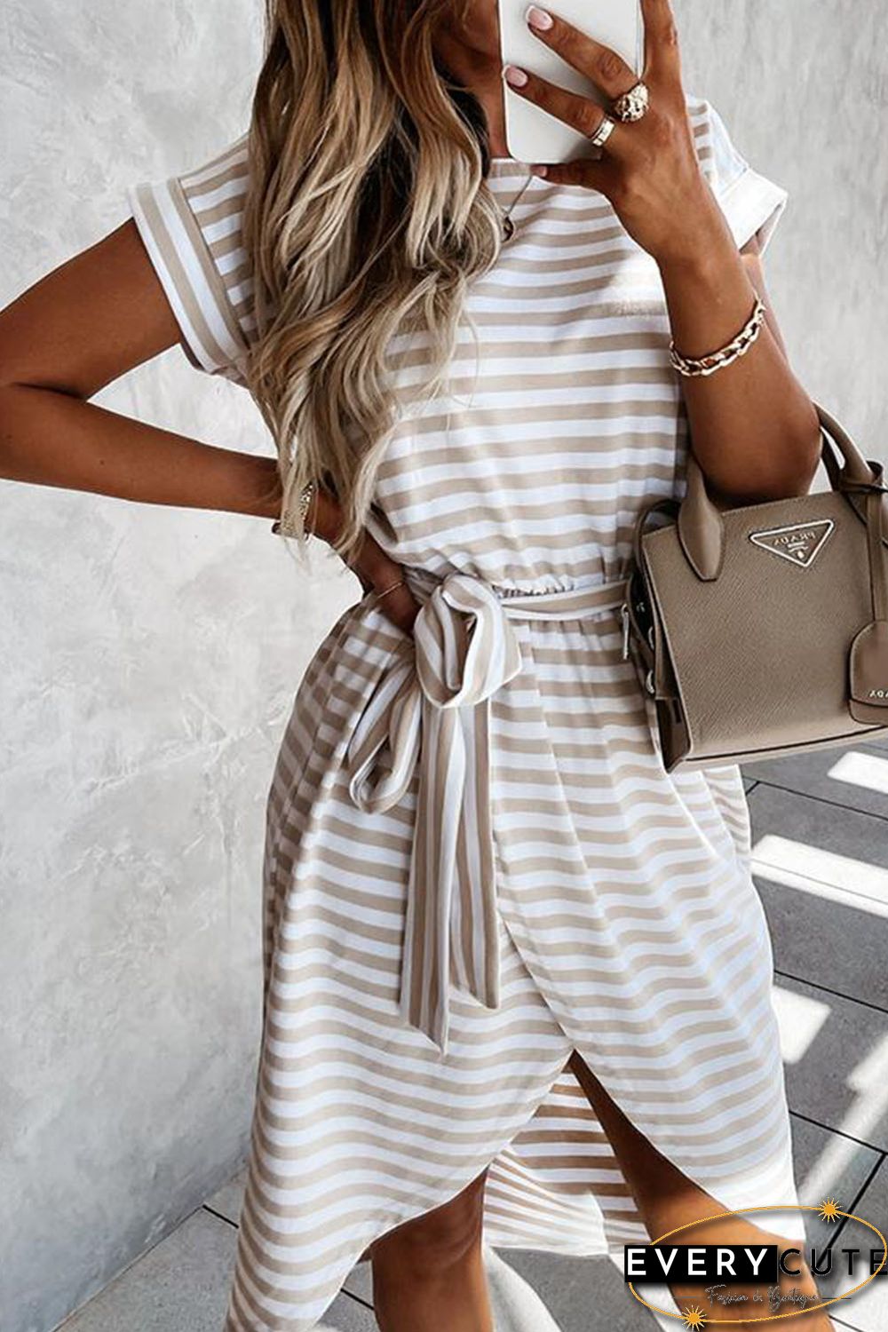Khaki Stripe Short Sleeve Belted Wrapped Hemline T-Shirt Dress