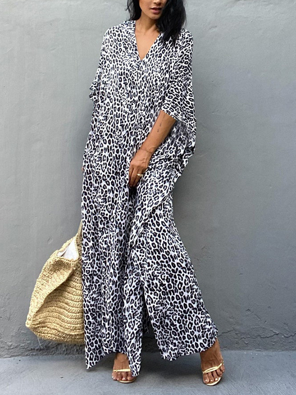 Loose Leopard Print V Neck Maxi Dress