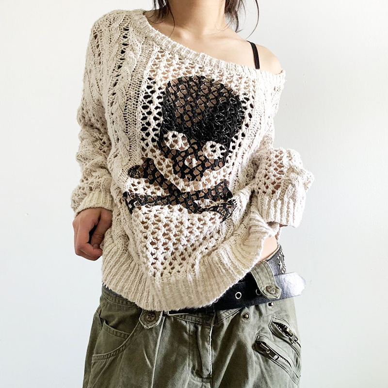 GRUNGE SKULL CROCHET HOLLOW KNIT TOP