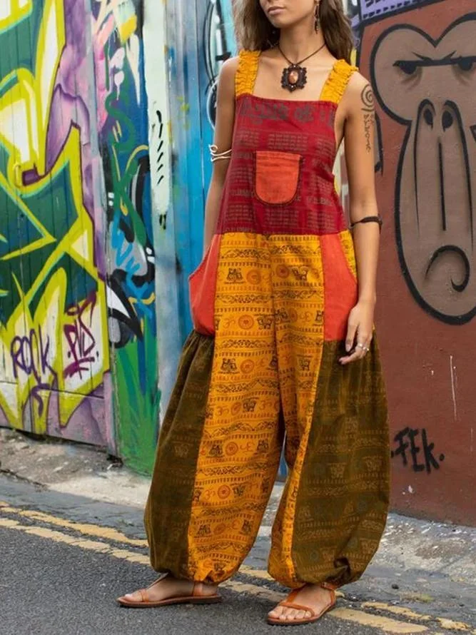 Retro casual printed overalls jumpsuit