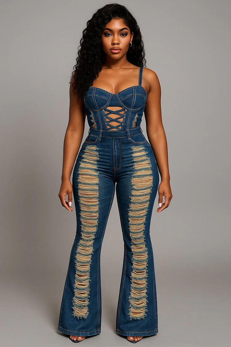Lace-Up Cinch Waist Scratch Denim Cami Flare Leg Jumpsuit-Blue [Pre Order]