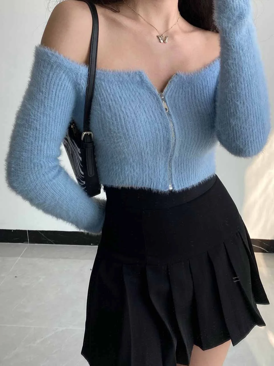 Billlnai Sexy Off Shoulder Sweater Cardigans Jumper Women One Shoulder Zipper Long Sleeve Cardigans Solid All-Match Outwear Sweater