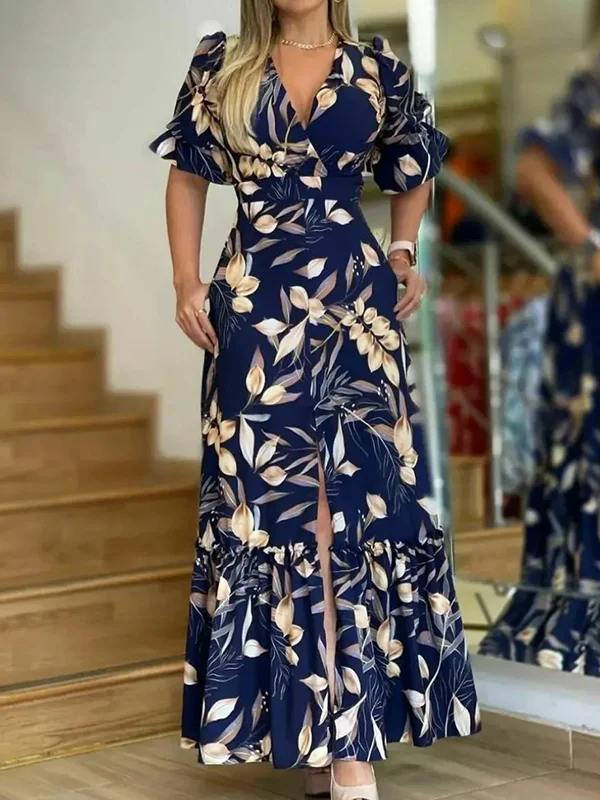 Floral Printed Split-Front Empire Short Sleeves V-Neck Maxi Dresses