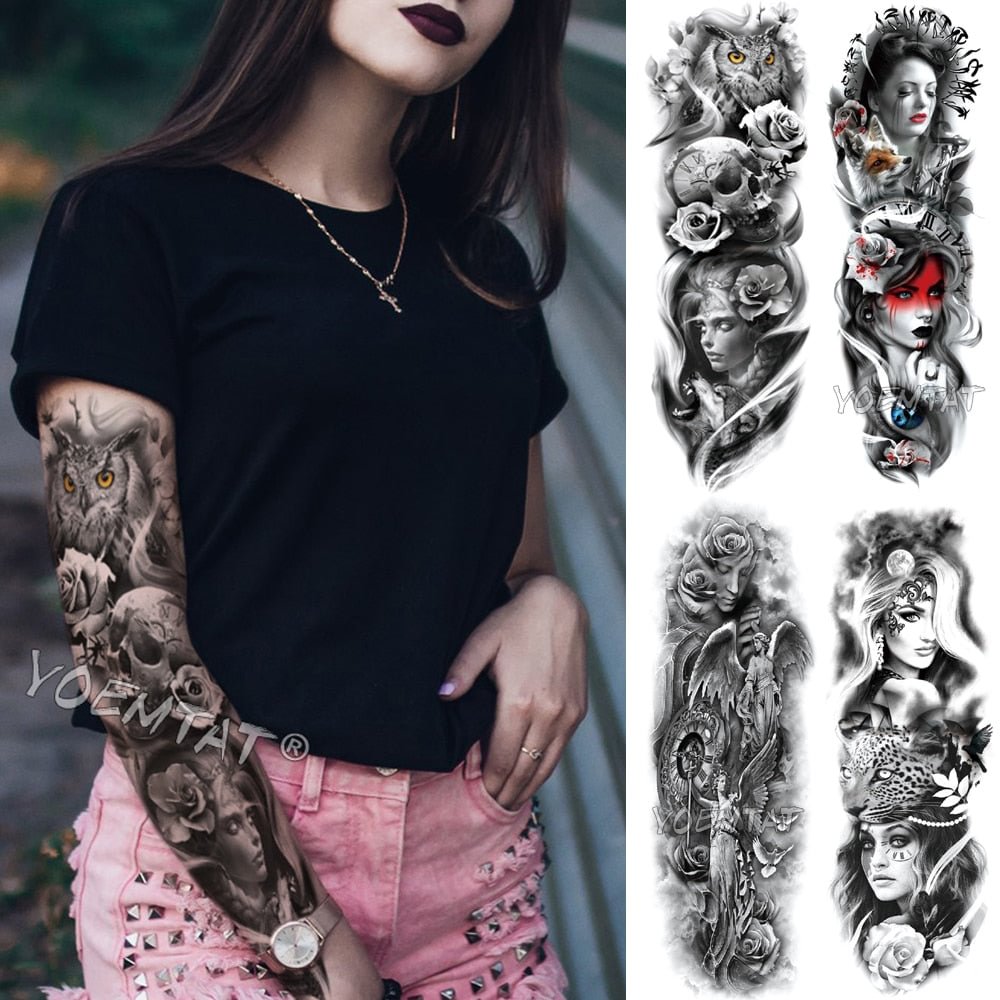 Large Arm Sleeve Tattoo Owl Angel Rose Waterproof Temporary Fake Tatoo Sticker Skull Fox Wings Men Women Full Totem Tatto Artes