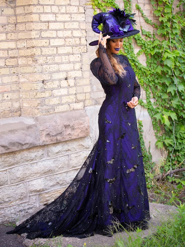  Halloween Solid Color Lace Long Sleeve Maxi Dress