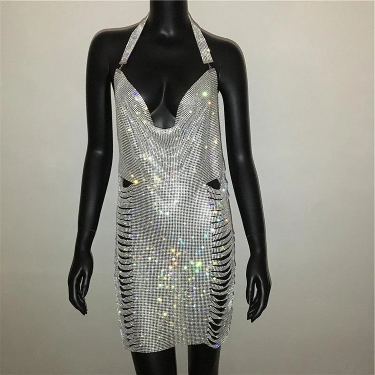 Metal Rhinestone Hollow Out Backless Halter Mini Slip Dress