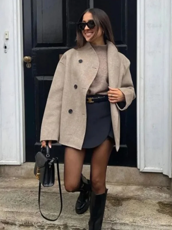 Women's new fashion retro double-breasted woolen jacket Flusfy