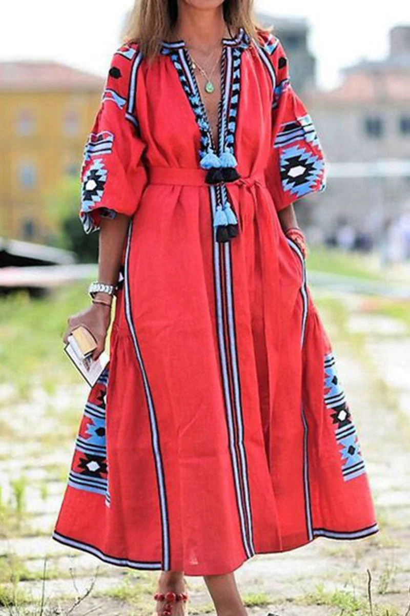 Fashion Casual Print Split Joint V Neck A Line Dresses