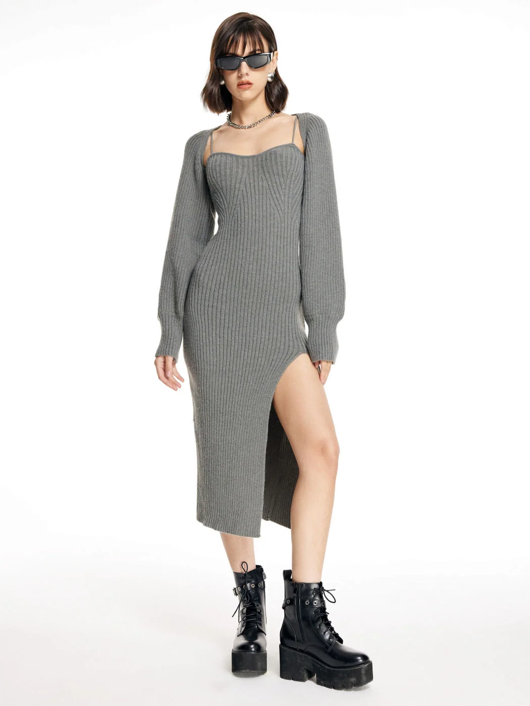 Solid Knitted Split Dress & Crop Top