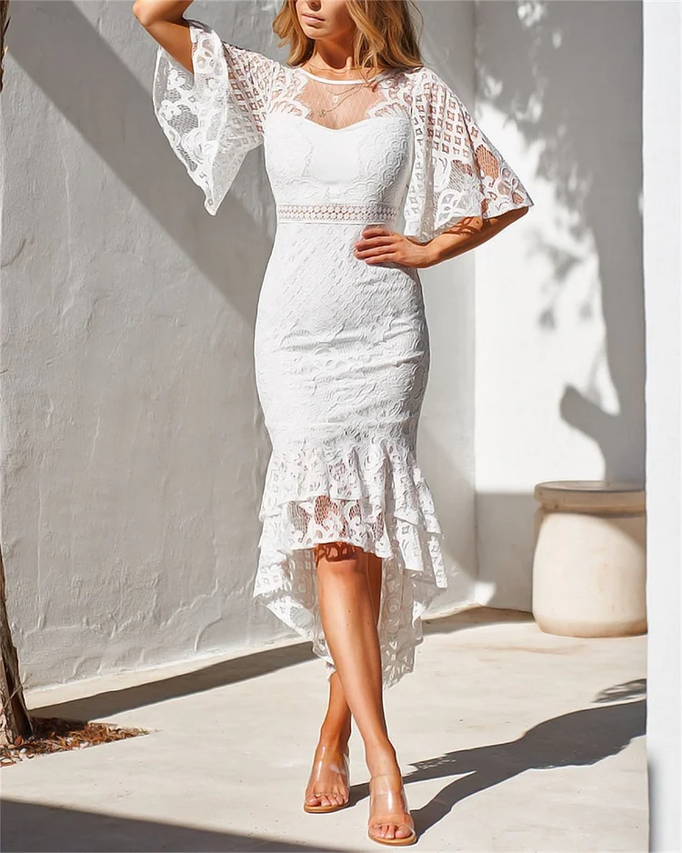 Women's White Irregular Hem Lace Dress