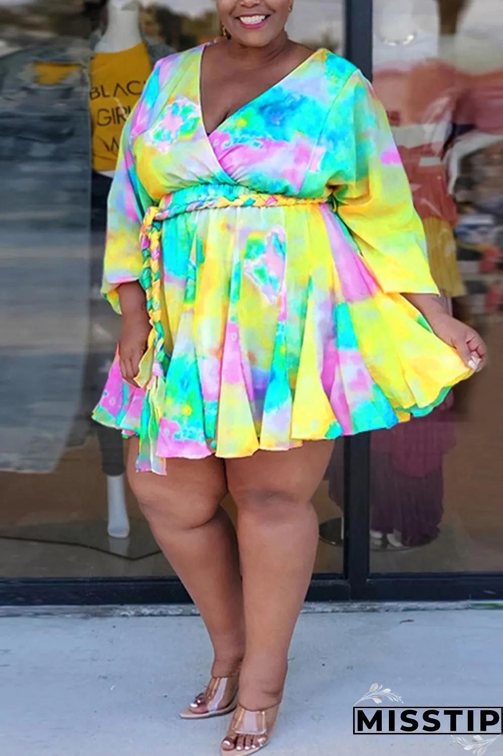 Orange Sexy Print With Belt V Neck A Line Plus Size
