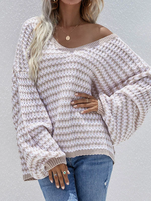 Original Loose Striped 8 Colors V-Neck Long Sleeves Sweater Top