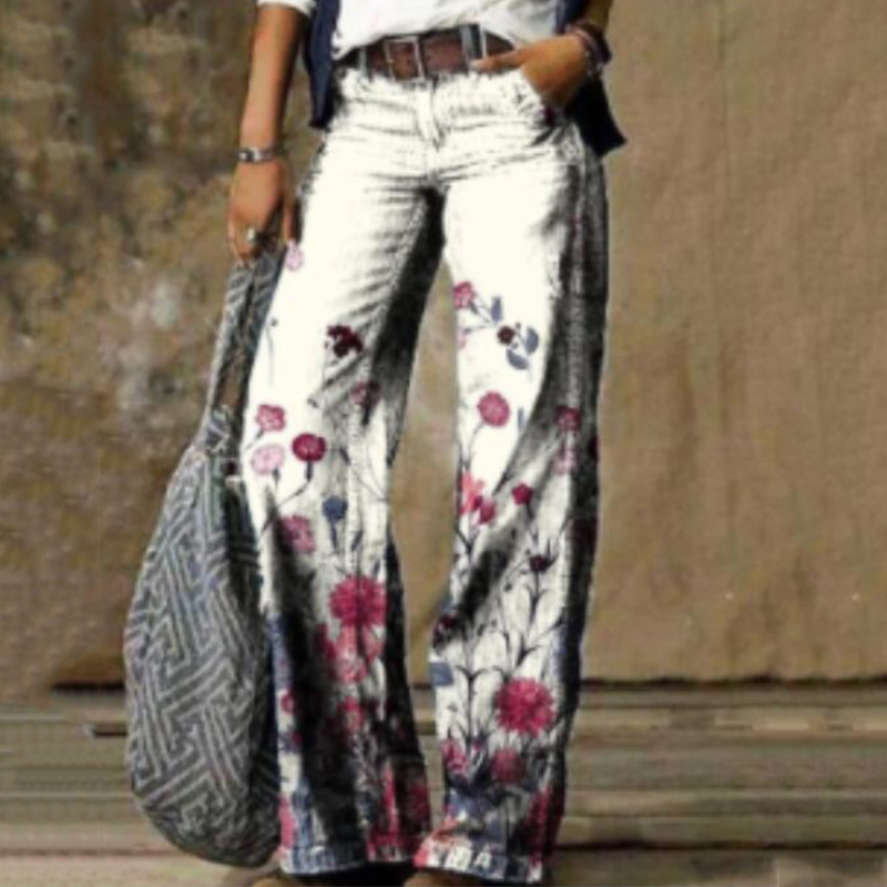 Retro Style Washed Flower Printed Wide Leg Jeans wearshes