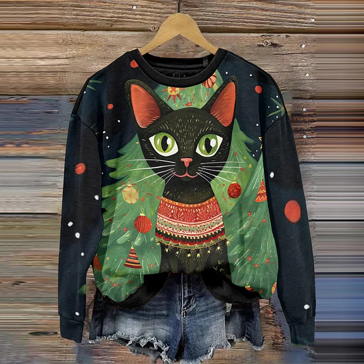 Comstylish Christmas Cat Pullover Long Sleeve Sweatshirt