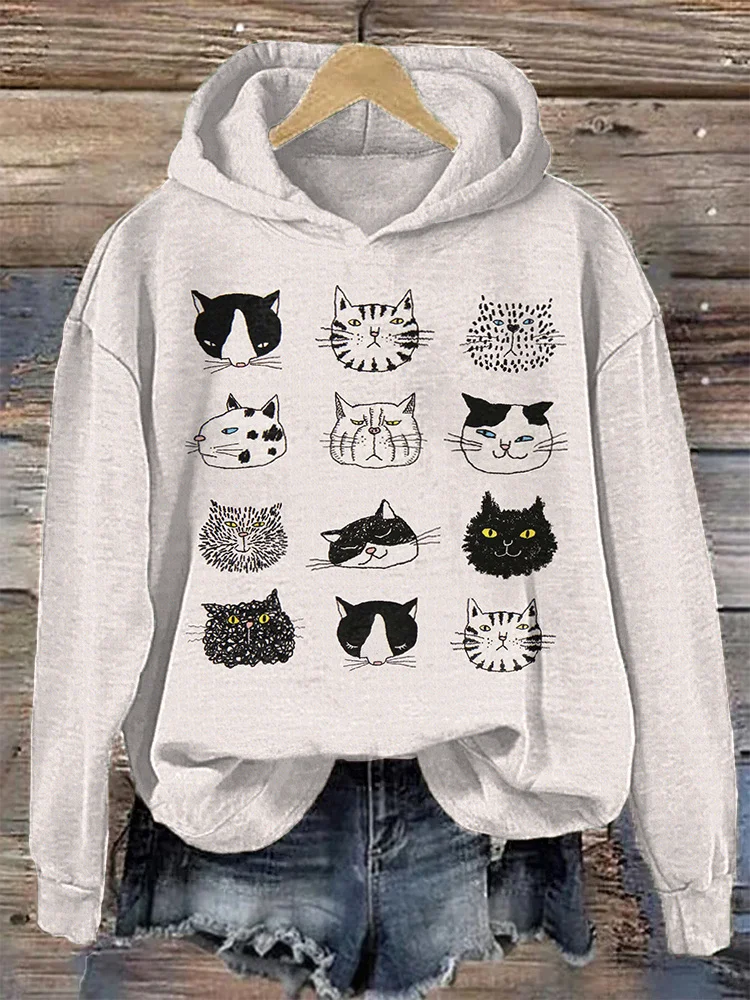 Funny Cat Faces Japanese Art Print Casual Hoodie