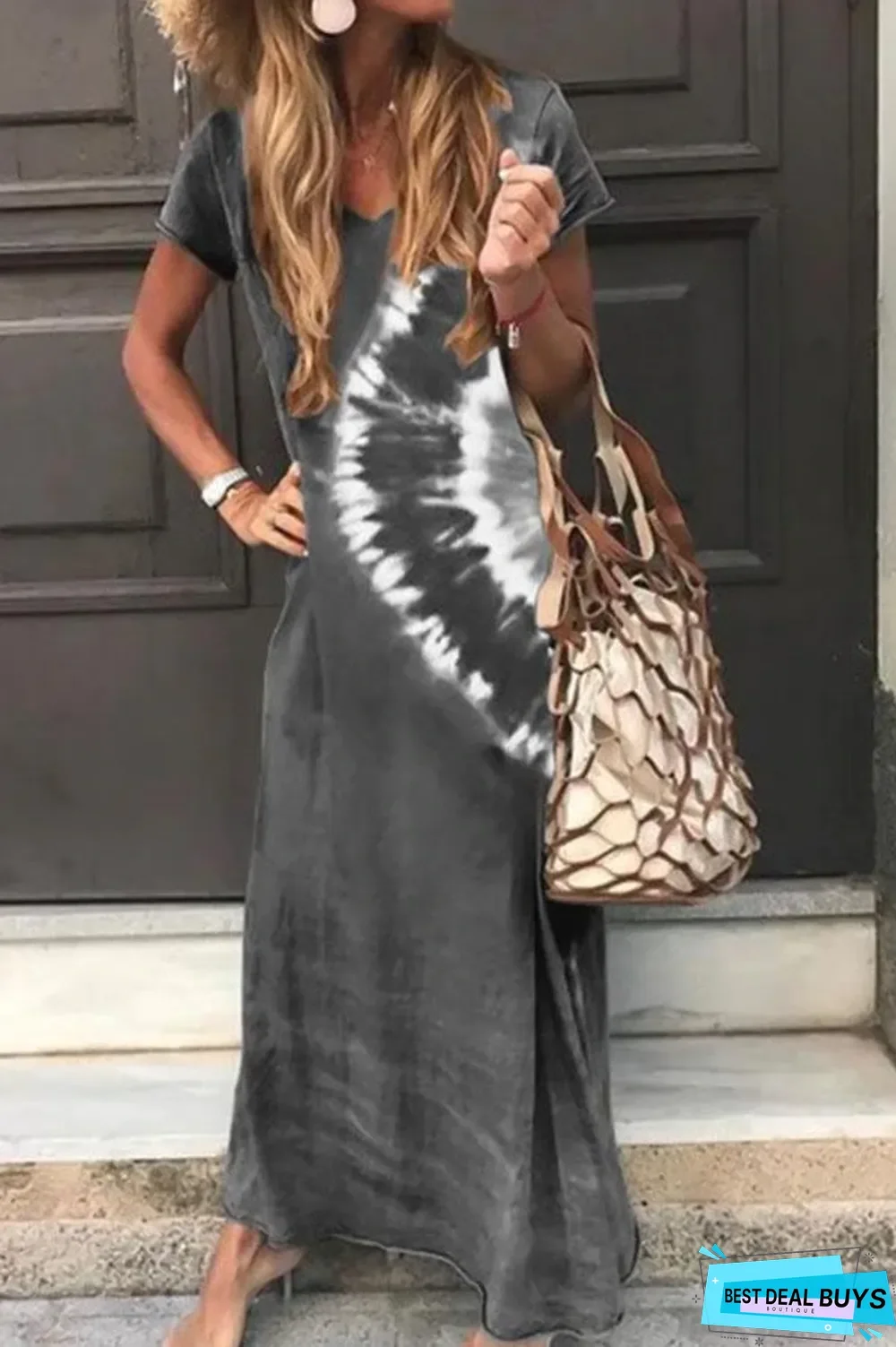 V-Neck Gradient Print Short Sleeves Casual Maxi Dress