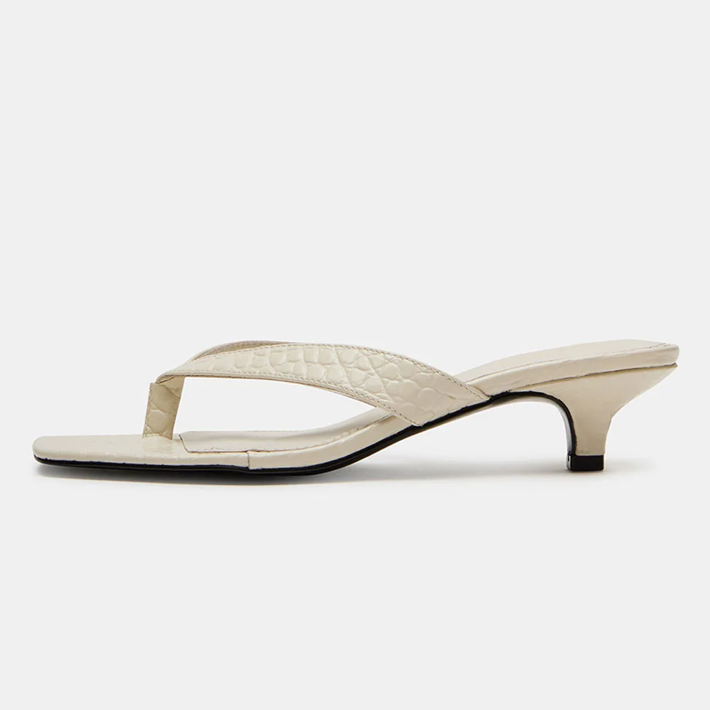 Ivory Vegan Leather Croc Embossed Kitten Heel Flip Flops for Women