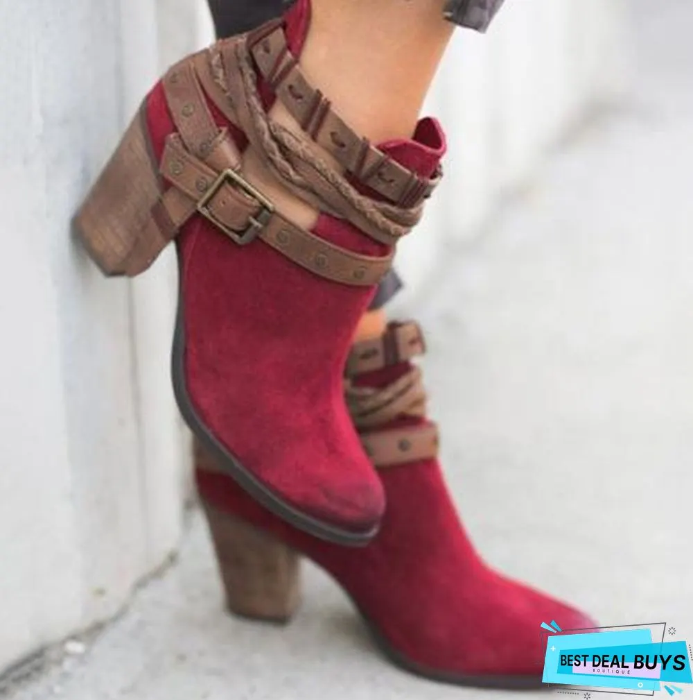 Women Boots Chunky Heels Winter Shoes Woman Suede Leather Snow Ankle Boots