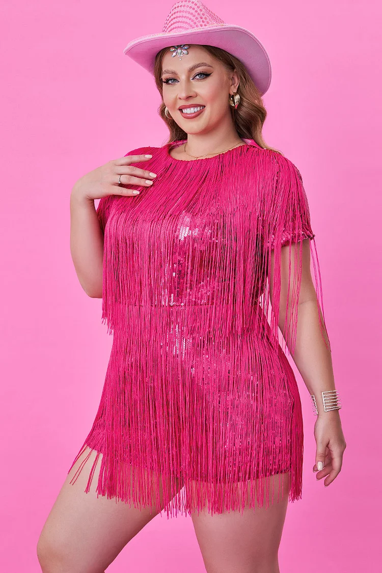 Xpluswear Design Plus Size Hot Pink Party Short Sleeve Fringe Sequin Mini Dress 