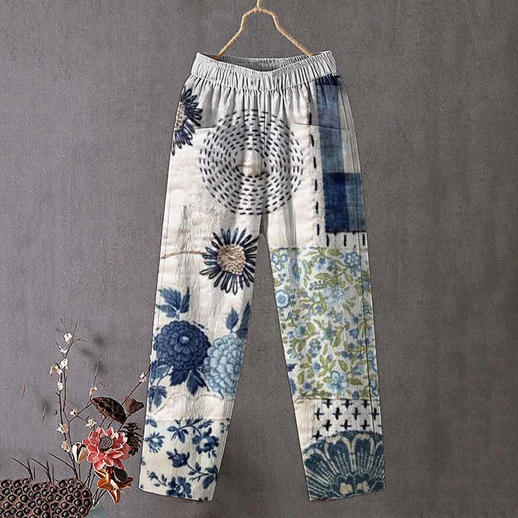 Utbros Japanese Flower Art Print Linen Blend Pocket Pants