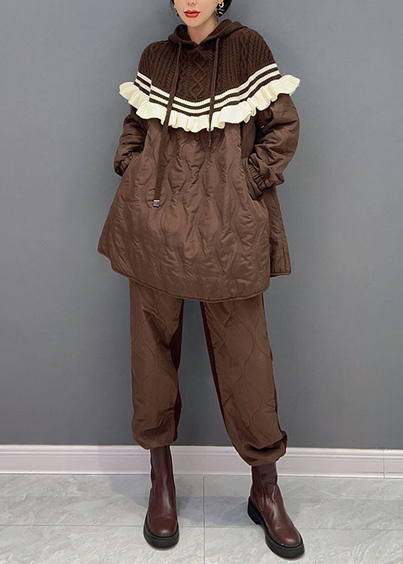VCSHOES Chocolate Hooded Knit Patchwork Cotton Filled Two Pieces Set Winter