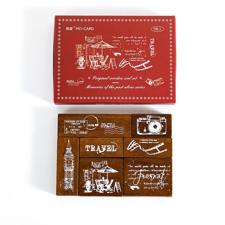 JOURNALSAY 7 Pcs Vintage Patterned Wooden Stamp Set Creative Art DIY Journal Decorative Scrapbooking