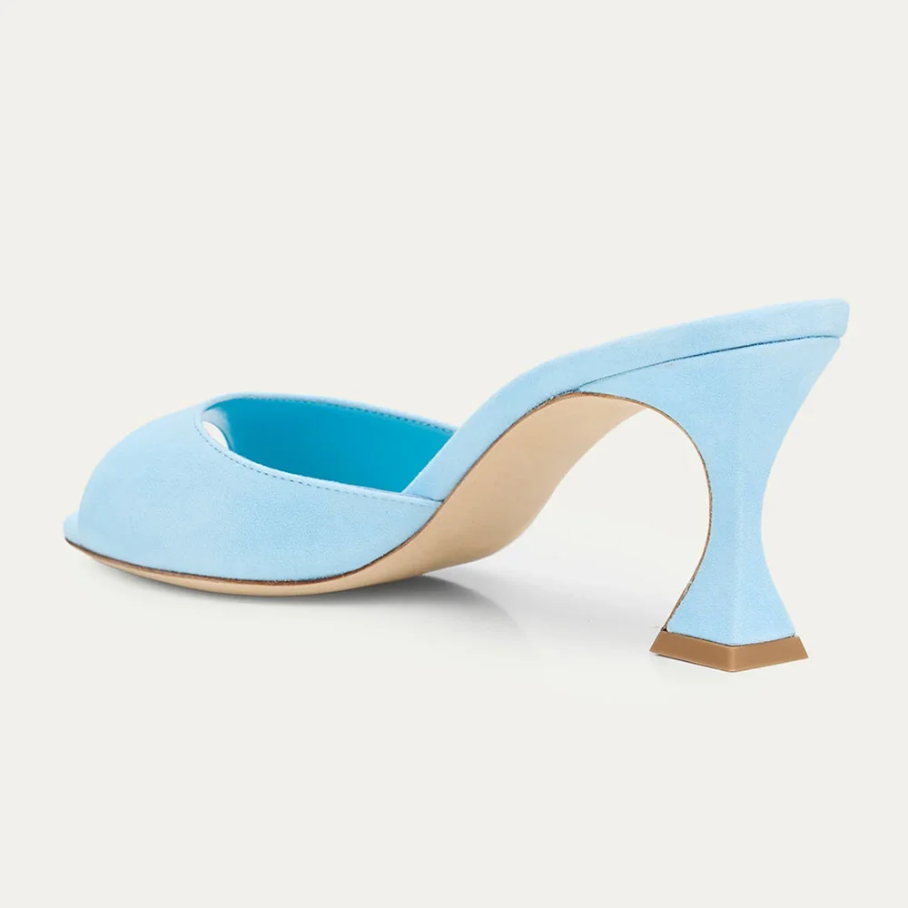 Sky Blue Flared Mid Heel Peep Toe Wide Strap Mule Shoes for Women