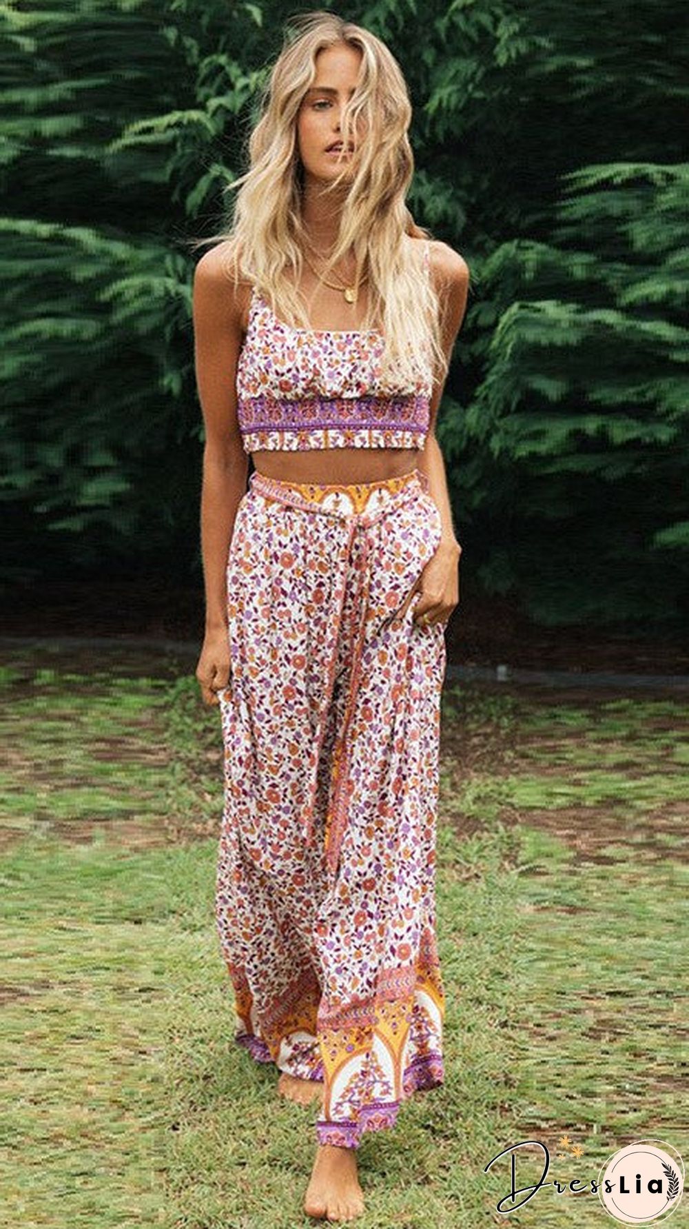 Purple Floral Crop Top and Pants Matching Sets