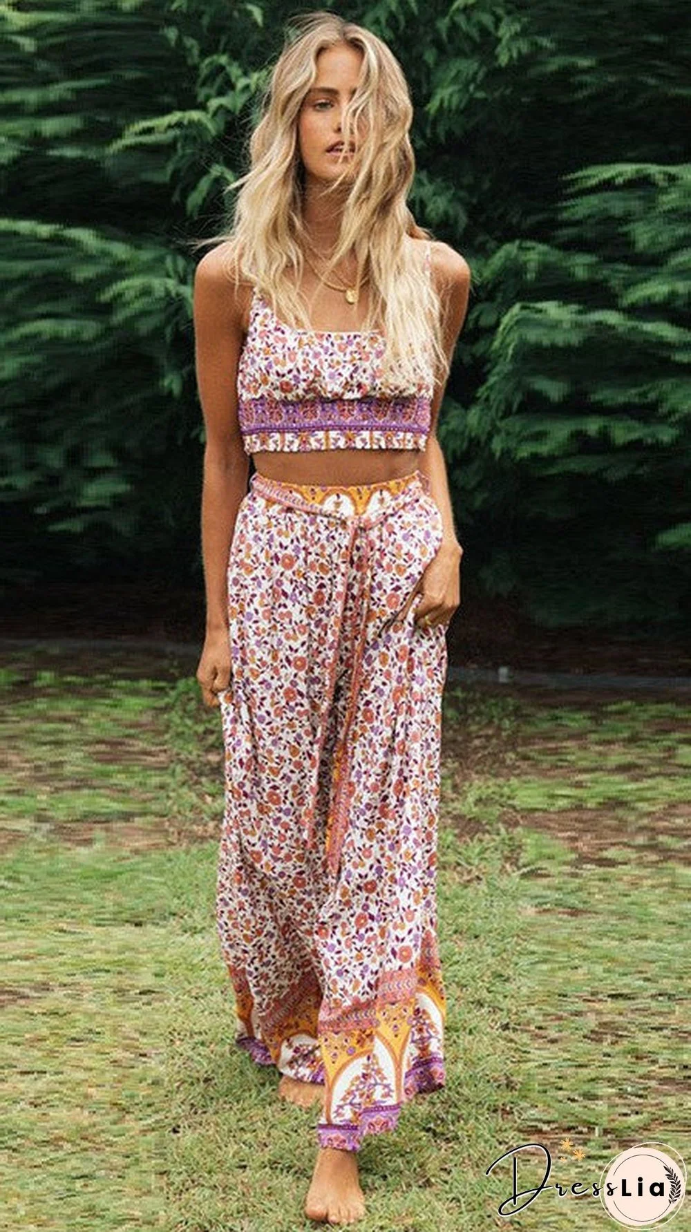 Purple Floral Crop Top and Pants Matching Sets