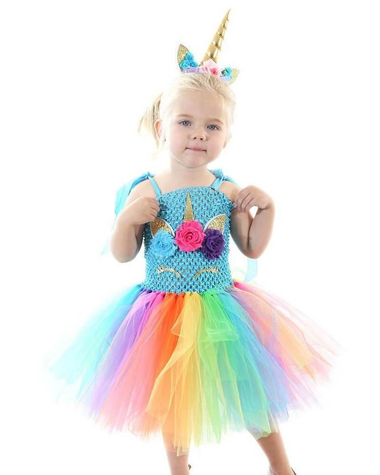 Girls Rainbow Unicorn Tulle Lace Dress Party Dance School Play Costume-Mayoulove