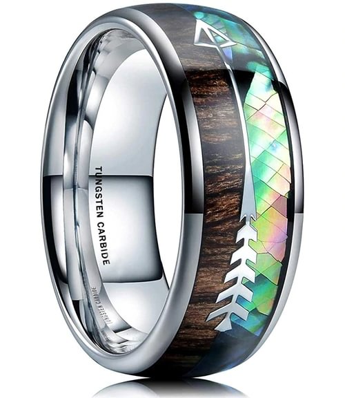 Women's Or Men's Tungsten Carbide Wedding Band Matching Rings,Cupid's Arrow,Silver Band with Rainbow Abalone Shell & Wood Inlay,Domed Top Brushed Wedding Bands Ring With Mens And Womens Rings For 4MM 6MM 8MM 10MM