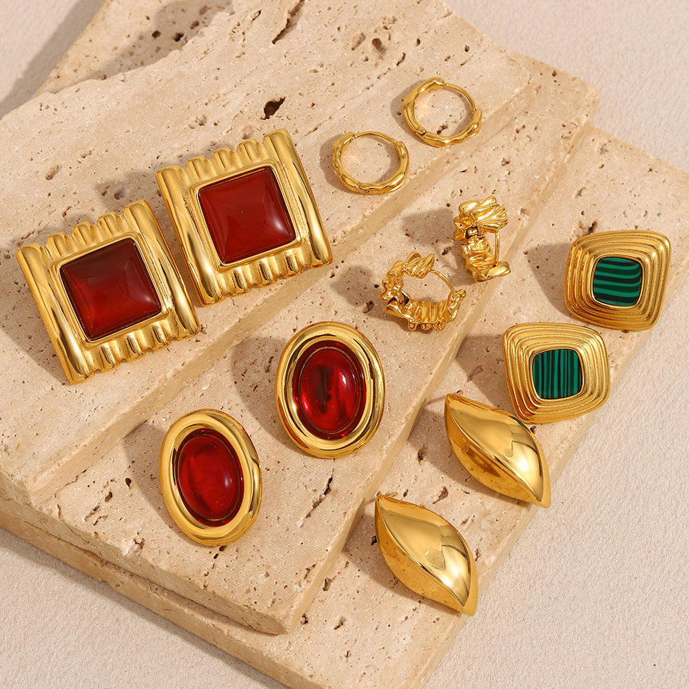 French Retro Geometric Red Agate Earrings Stainless Steel Plated 18K Gold Eye Fold Earrings