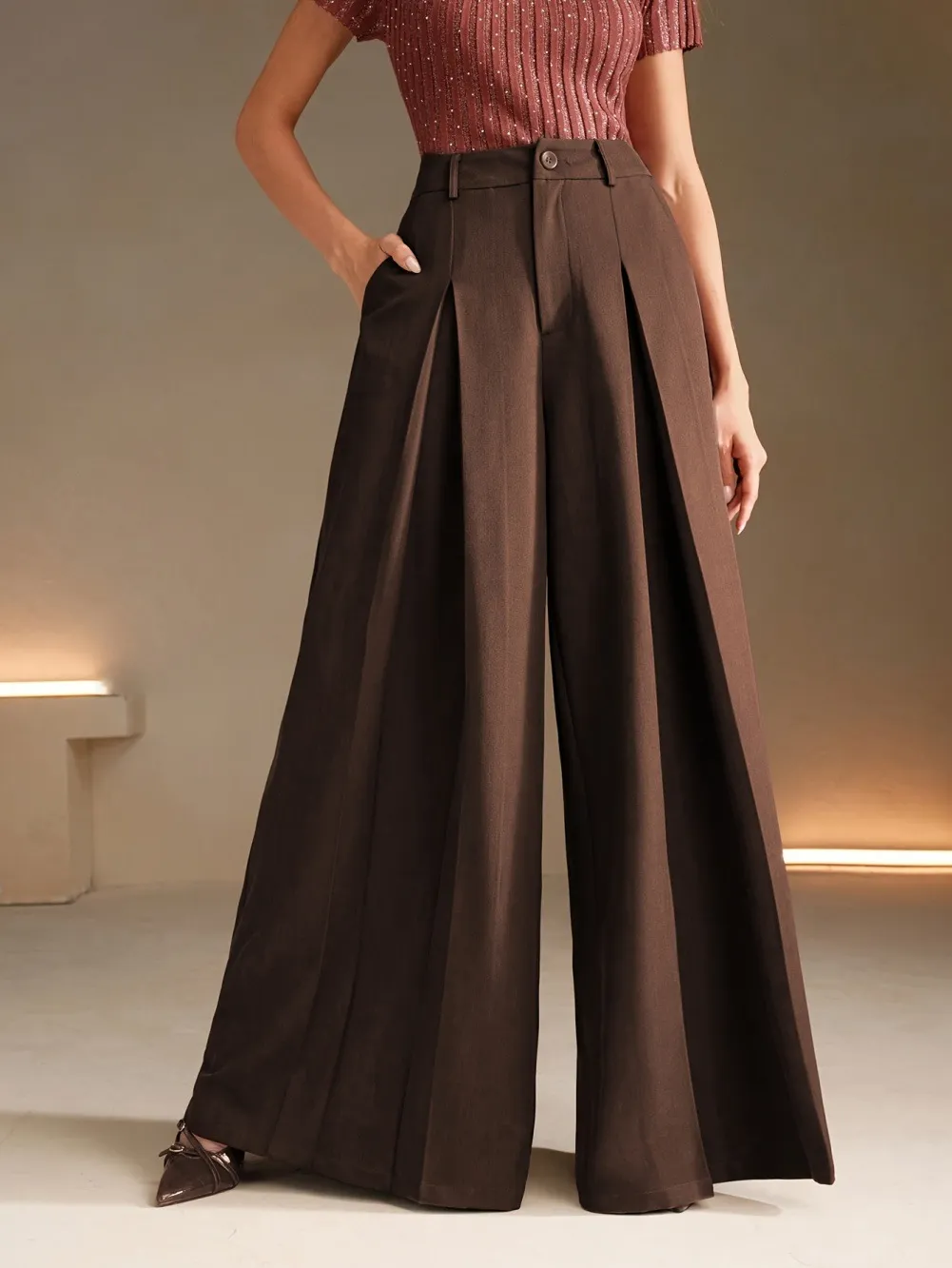 Women High Waist Pleated Wide Leg Trousers