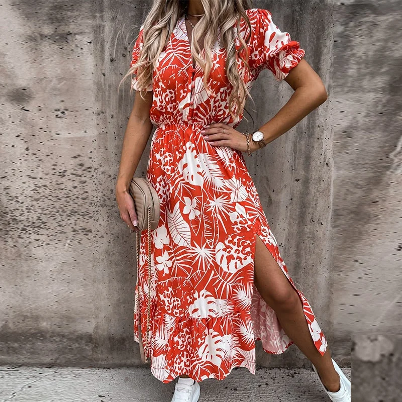 Women Floral Print V Neck Side Slit Party Dress Spring Autumn Long Sleeve Elegant Ladies Sexy Elastic Waist Slim Dress Vestidos