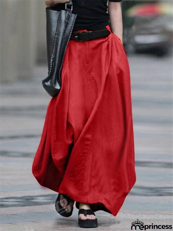 Retro Style Elastic Waist Button Zipper Pocket Flare Maxi Skirt