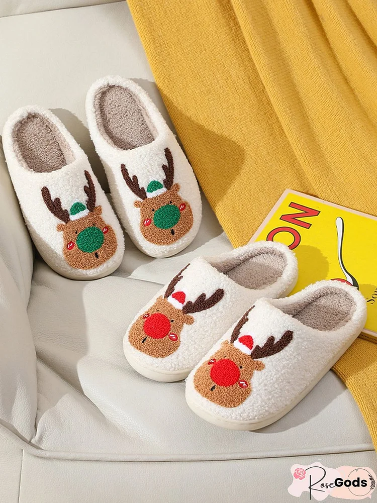 Christmas Elk Warm Furry Slippers Xmas Slippers