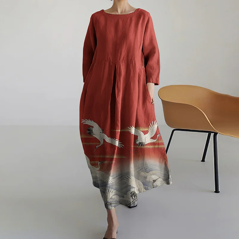 Women Japanese Art Crane Pattern Linen Blend Maxi Dress
