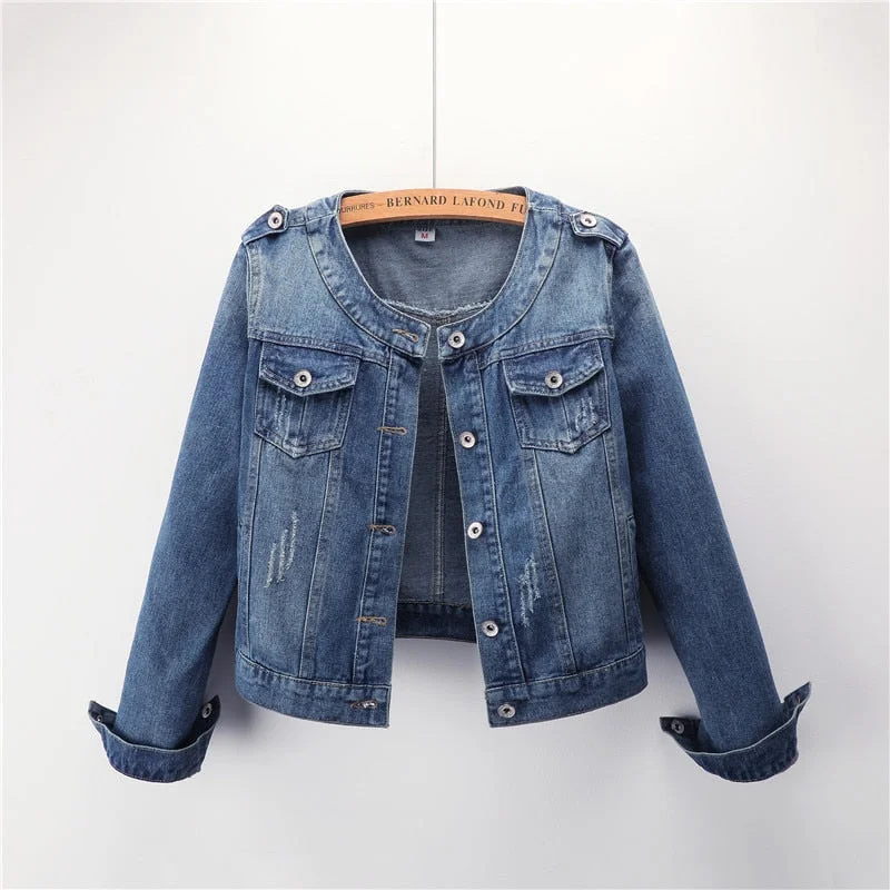 2021 new women's jacket round neck casual short jacket large size denim jacket female students