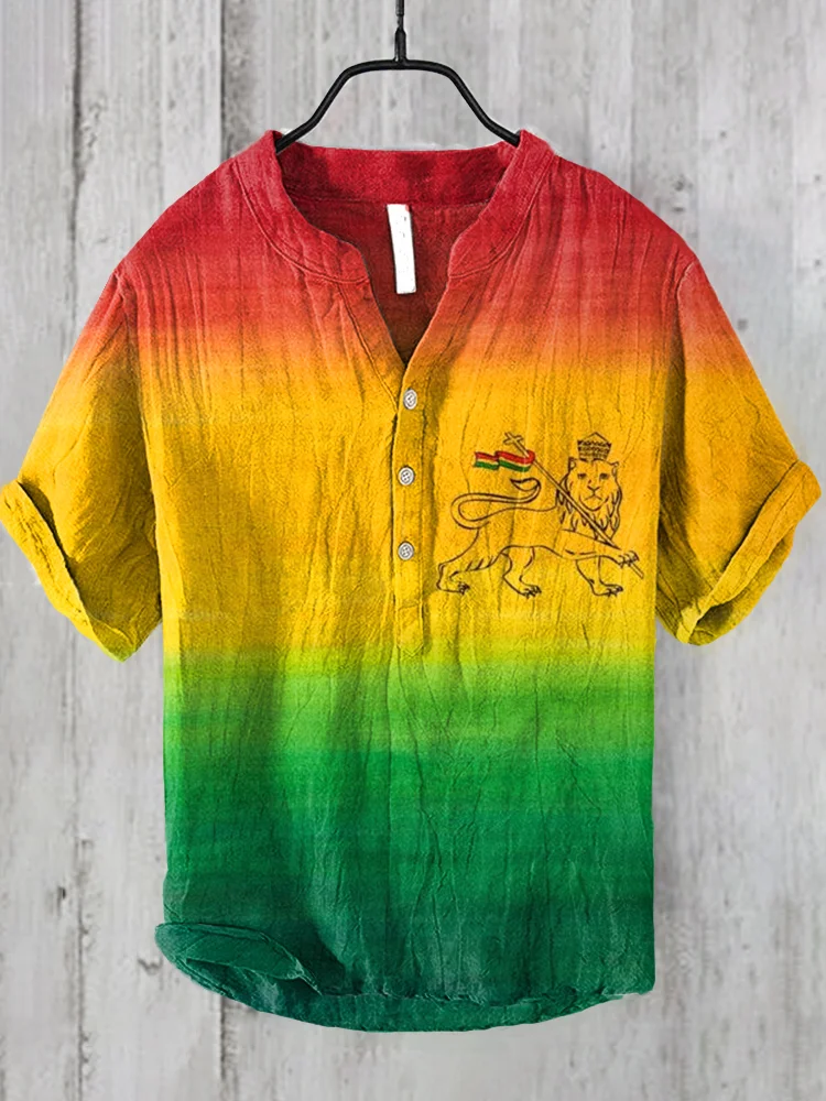 Men's Reggae Lion Art Print Linen Blend Casual Shirt