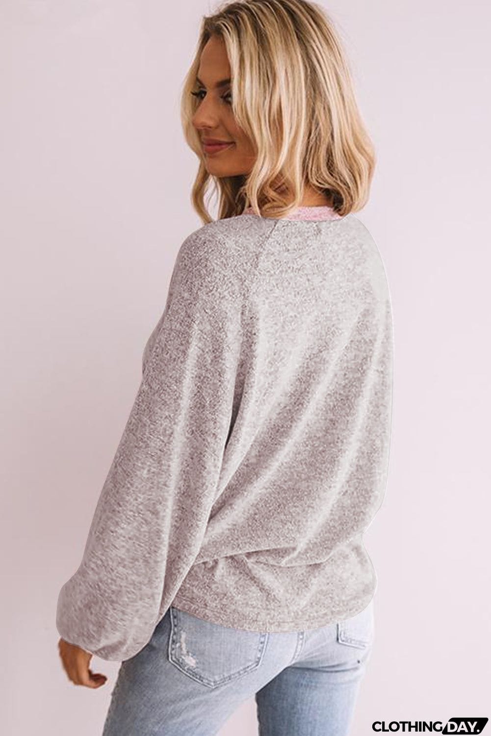 Button Contrast Puff Sleeve Blouse