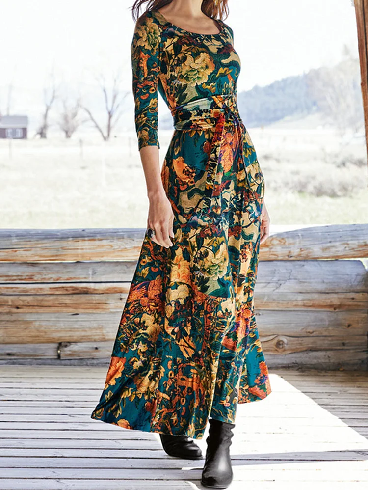 Crew Neck 3/4 Sleeve Belted Floral Maxi Dress