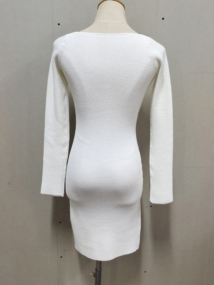 Ootddress Knit White Dress For Women Casual Long Sleeve Sweater Dress Female Slim Bodycon V-Neck Mini Dresses Spring 2025