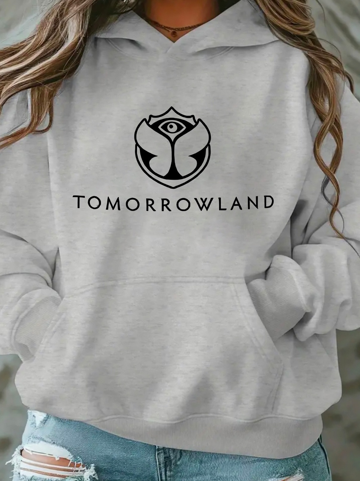 1pc Women's Fashion "Tomorrowland" Letter Print Solid Color Hoodie - Long Sleeve, Kangaroo Pocket, Drop Shoulder Design, Machine Washable Sporty Sweatshirt For Spring/Summer, Stylish And Elegant Summer Wear For Ladie | IFYHOME