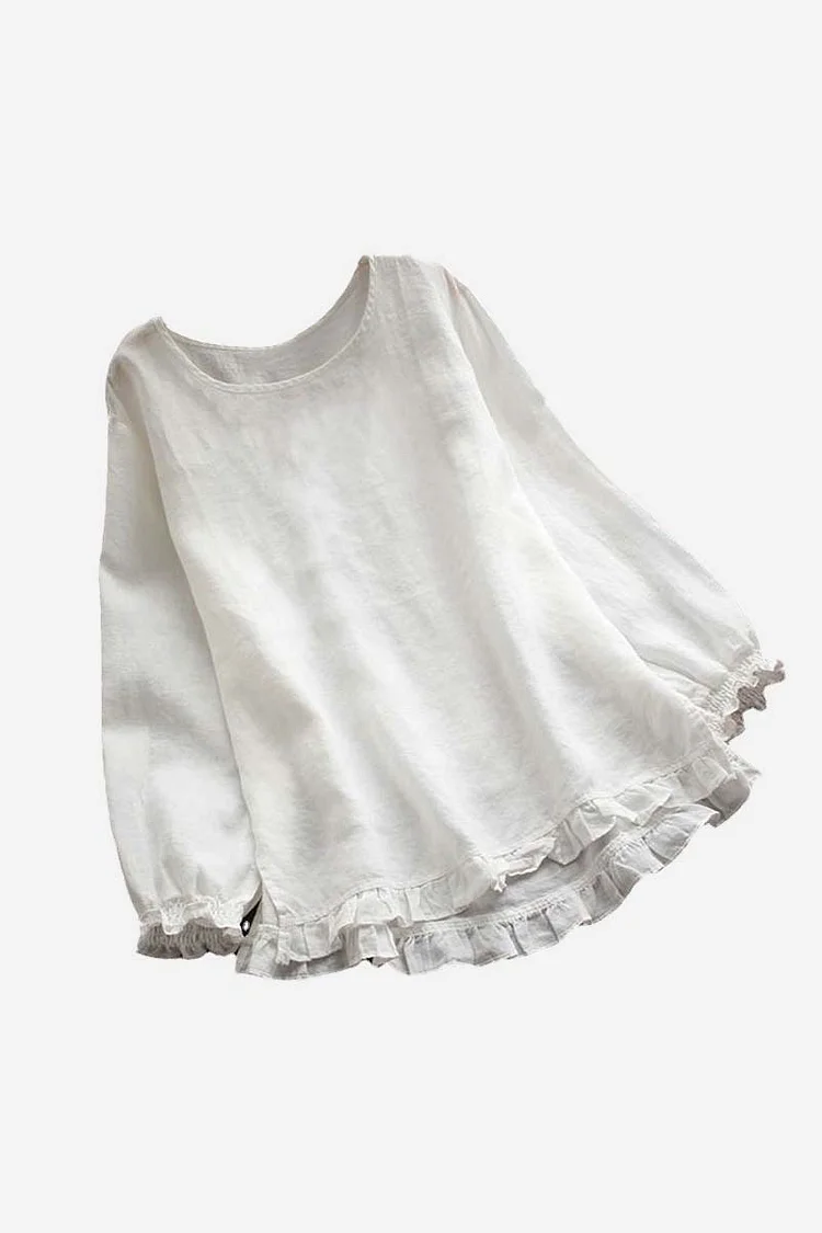 Long Sleeve Round Neck Ruffle Hem Linen Top