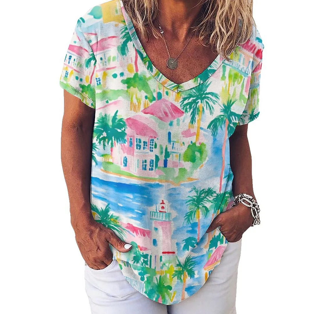 V-neck Short Sleeve Casual T-shirt for  Women Printed with Pattern Tropical, Summer, Green