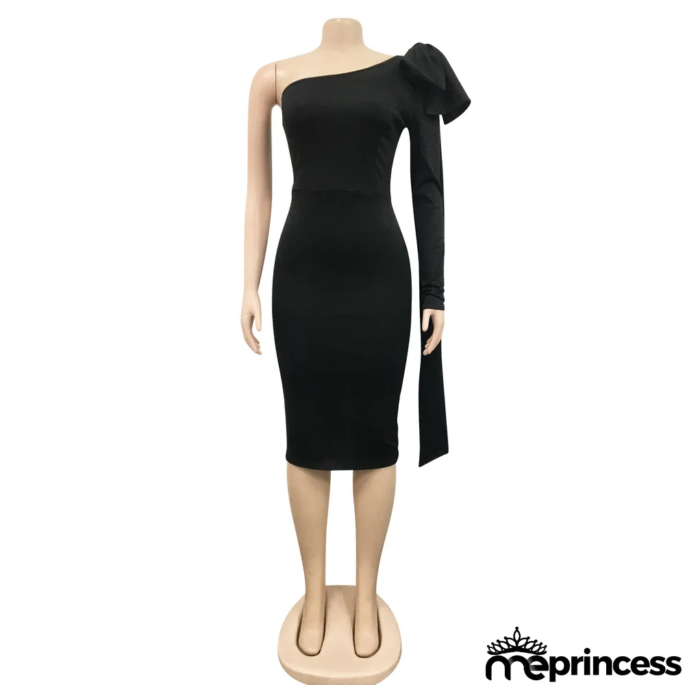 Elegant Solid One Shoulder Bow-knot Split Midi Dress