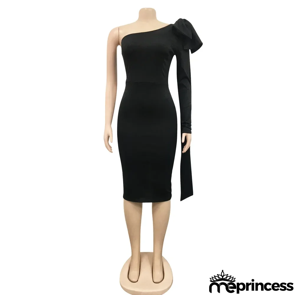 Elegant Solid One Shoulder Bow-knot Split Midi Dress