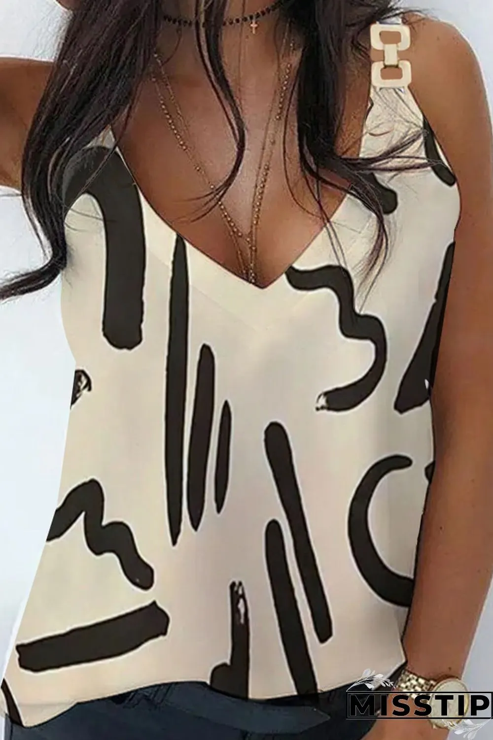 Khaki Casual Street Print Patchwork Metal Accessories Decoration V Neck Tops