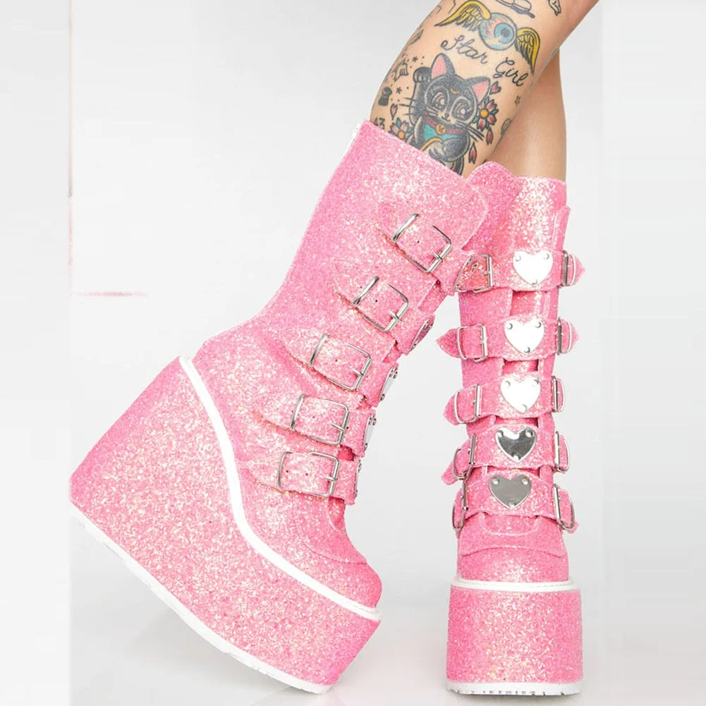 New Brand Heart Love Goth Platform Wedges Combat Women Boots Sequins Sequin Glitter Zipper Punk Cool Motorcycle Ladies Shoes