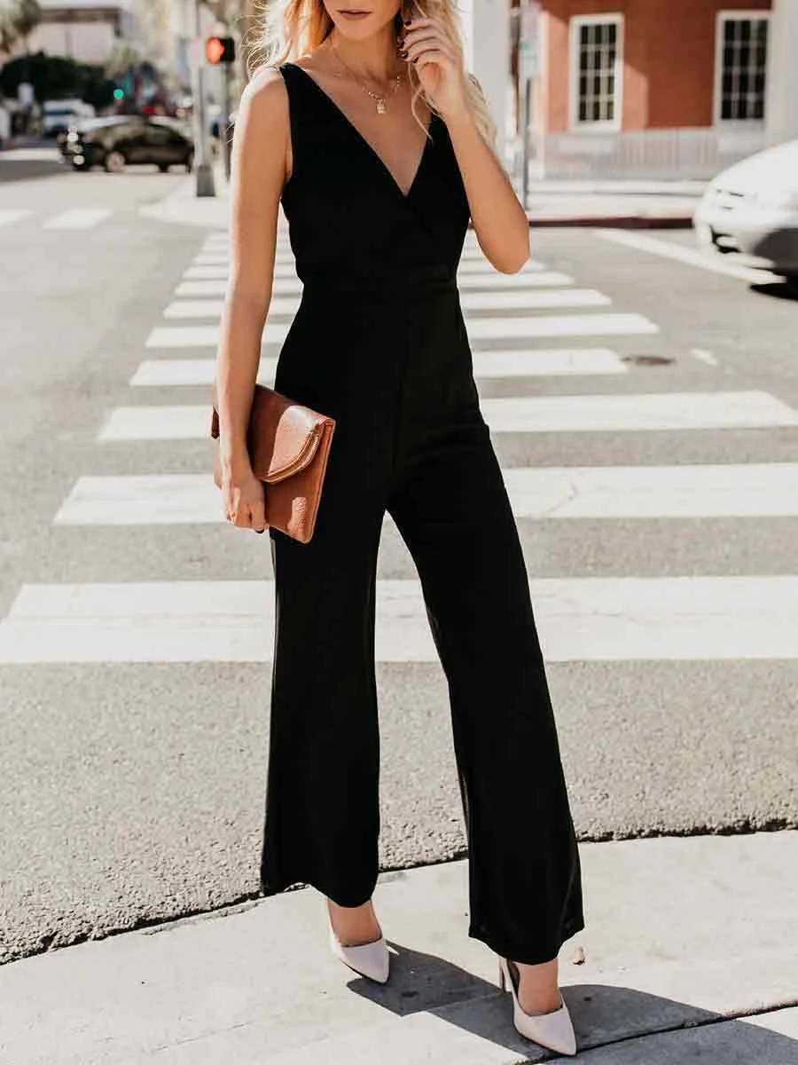 Elegant V-Neck Solid Color Jumpsuits